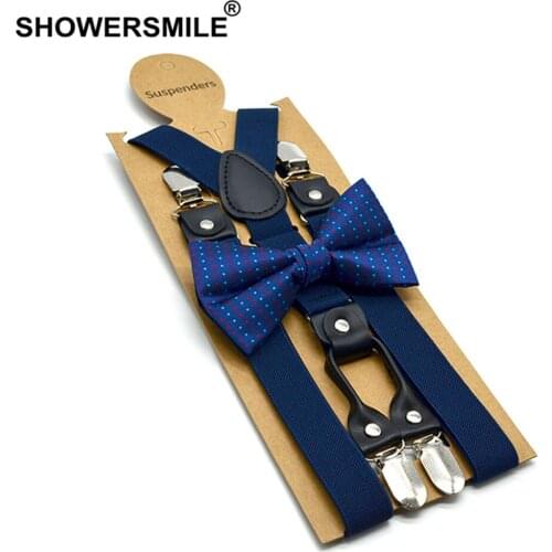 SHOWERSMILE Navy Mens Suspenders Braces 4 Clips Women Real Leather Suspenders Dress Solid Wedding High Quality Mens Braces