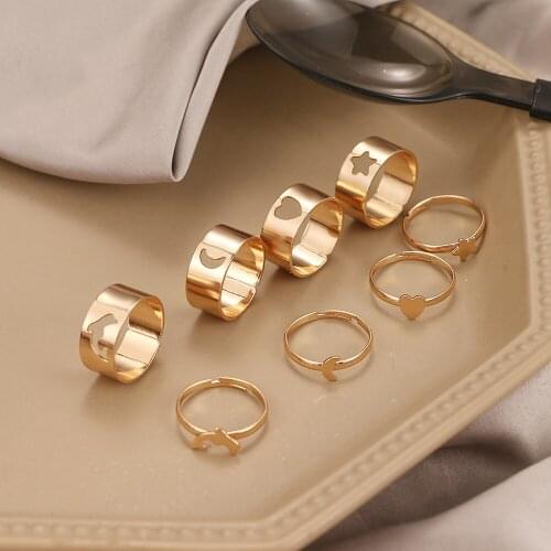 Trendy Silver Color Heart Butterfly Rings Set For Women Men Moon Star Dolphin Adjustable Open Finger Rings Set Party Jewelry