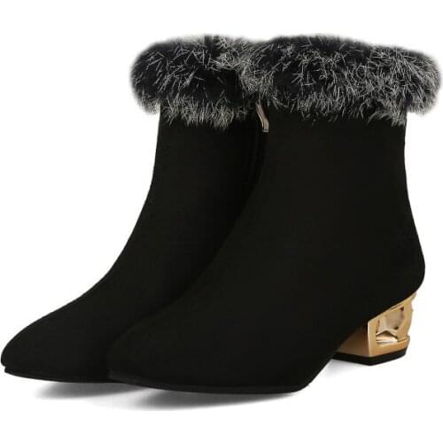 Big Size Slender square-headed middle-heeled boots, suede, thick-heeled rabbit hair boots, pink fur boots