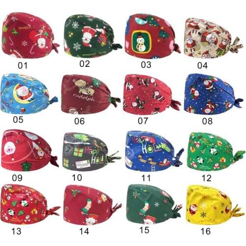 1pc Cotton Christmas Print Hat Adjustable Work Cap for Beauty Salon Pet Shop Nursing Cap Nurse Doctor Scrub Cap Christmas Gifts
