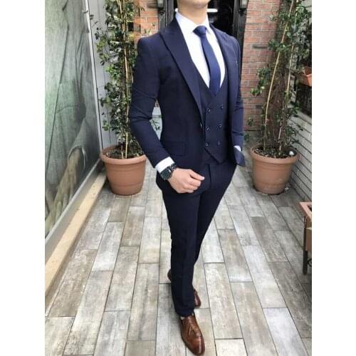 Custom Made Men Suits Navy Blue Groom Tuxedos Peak Lapel Groomsmen Wedding Best Man 3 Pieces ( Jacket+Pants+Vest+Tie ) C915