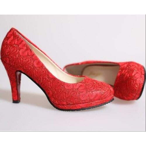 New Elegance Women Pumps Classic High Heels Shoes Red Round toe Lace Embroider Paltform Wedding Women Dress Shoes Large size