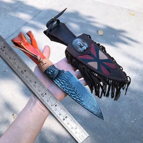 VG10 Damascus Hunting Knife E52100 High Carbon Steel Bone Handle Tactical Fixed Blade Knives Ethnic Style Collection Knife