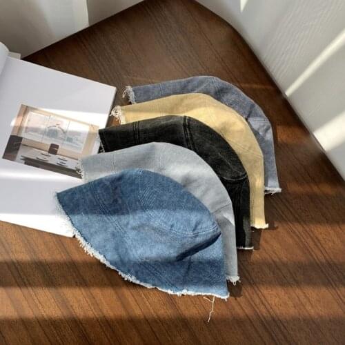 2021 Spring and Summer New Korean Washed-out Raw Edge Denim Brushed Bucket Hat Womens Bucket Sun-Proof Basin Hat Tide