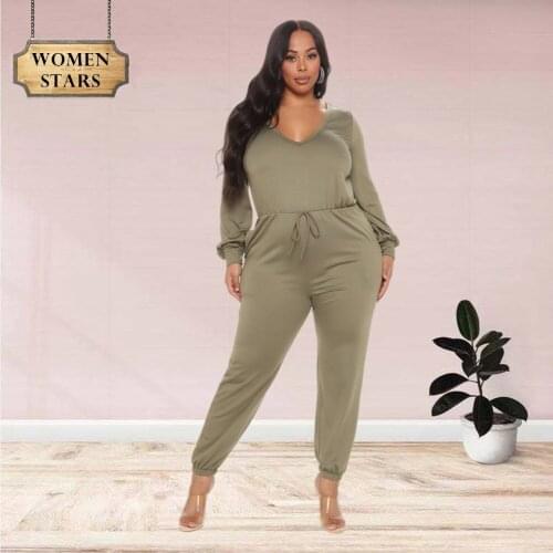 Plus Size Jumpsuit Women Clothing Solid V Neck Bodycon Stretch Lace Up Elegant One Piece Outfit Romper Wholesale Dropshipping