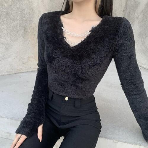BF style design Sweater metal chain Sexy personality Black tops autumn winter thicken Gothic pullover women new Thumb sleeve top