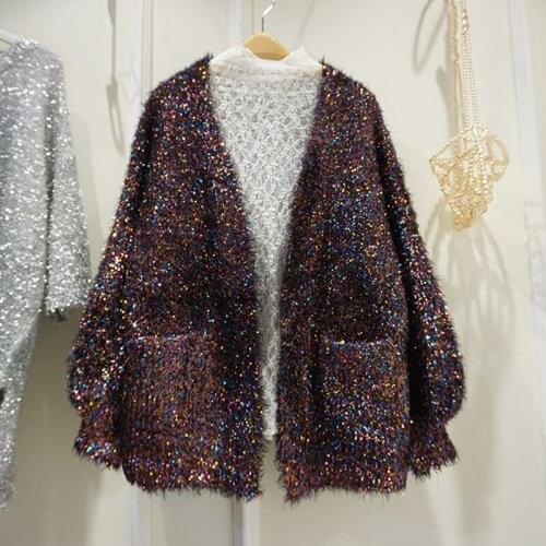 Women Cardigans Bright Silk Mixed Color Sweater 2021Spring Autumn Out Wear New Loose Lantern Sleeve Female All-Match Knit Coats9