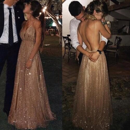 Vestidos De Gala 2019 Sexy V Neck Sequins Tulle Evening Dresses Long Elegant Open Back A-line Formal Party Dresses Gala Event