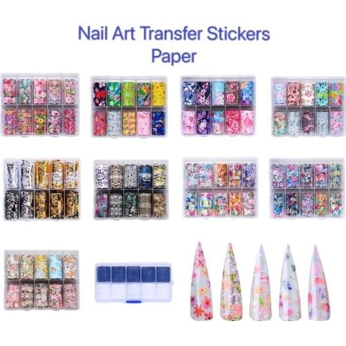 10Pcs/box Holographic Nail Foils Sticker Starry Transfer Foil Nail Art Sticker Lace Flower Slide Wraps Decal Nail Decoration
