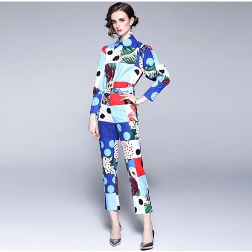 2021 Womens New Fashion Summer Runway Two Piece Set Blue Contrast Plaid Print Shirts Tops +Hight Waist Pencil Suits