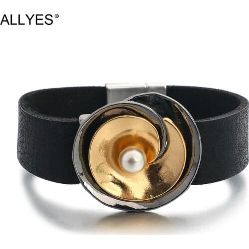 ALLYES Double Layers Gold Silver Color Metal Pearl Charm Bracelets for Women Wide Wrap Leather Bracelets Unisex Jewelry