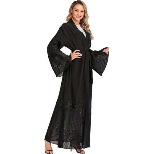BianFeng Womens Fashion Middle East Islamic Dubai Oman Abaya Pleated Sleeve Cardigan Long Sleeve Robe Color Black