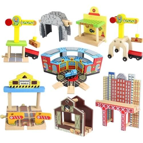 Diy Beech Wooden Train Toy Track Bridge Tunnel Railway Station House Accessories Educational New Toys for Children Kids Gift