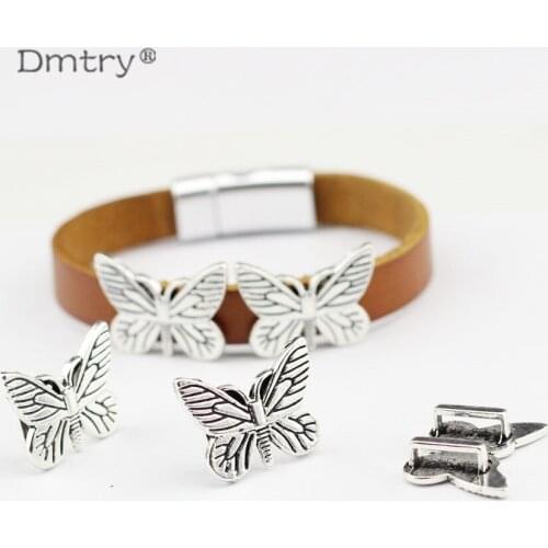 Dmtry 10pcs/t Wholesale Top Quality Silver Butterfly Spacer Beads Jewelry Findings For 10*2MM Flat Leather Jewelry Making LC0059