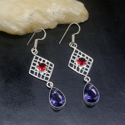 Gemstonefactory Big Promotion 925 Silver Rare Amethyst Red Garnet Women Ladies Jewelry Gifts Dangle Drop Earrings 20212040