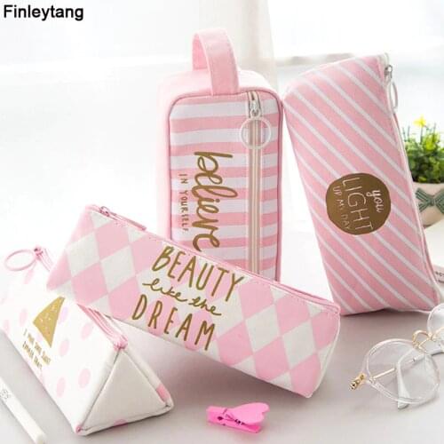 Kawaii Pink Large Capacity Canvas Pencil Case Women Pencil Bag Student School Stationery Supplies Pencilcase Cute Cosmetic Bag