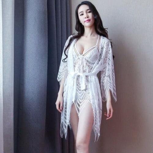 Brides Set Lace Sleepwear Wedding Sex Night Robe Gown White Kimono Bathrobe Loungewear Nightdress Sexy Nightie Belt Negligee