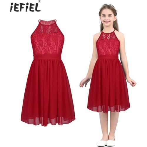 Girls Summer Lace Chiffon Halter Neck Flower Princess Girls Dress Vestidos Kids Dresses for Girls Wedding Birthday Party Dress