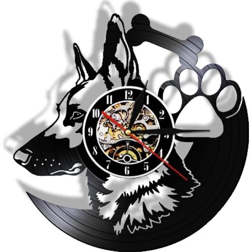 Dog Pattern Vinyl Record Wall Clock German Shepherd Design LP Animals Wall Clock with LED Night Light Animals Dog Lover Gift
