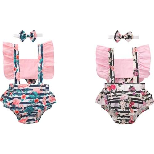 0-24M Summer Baby Girl Playsuit Floral Striped Print Hollow Ruffle Short Sleeve Romper+Headband Sweet Outfits 2pcs