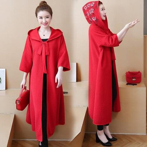 New Style Cloak Hooded Printing Cardigan Large Size Womens Coat Loose Clothing Autumn Lace Up Windbreaker Jacket Female f1857
