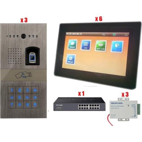 For 3 Doors+6Rooms Wired 7" Video Door Phone Doorbell Video Intercom Entry System + Fingerprint IR RFID Code Keypad Camera