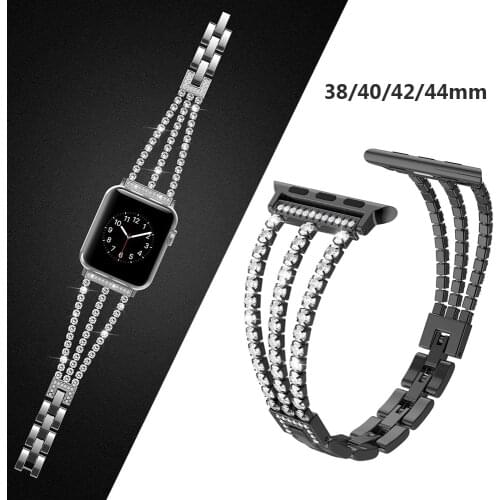 Black Bling Woman Bands for Apple Watch Band Luxury Diamond Stainless Replacement Strap for iWatch SE Band Series 6 5 4 3 2 1