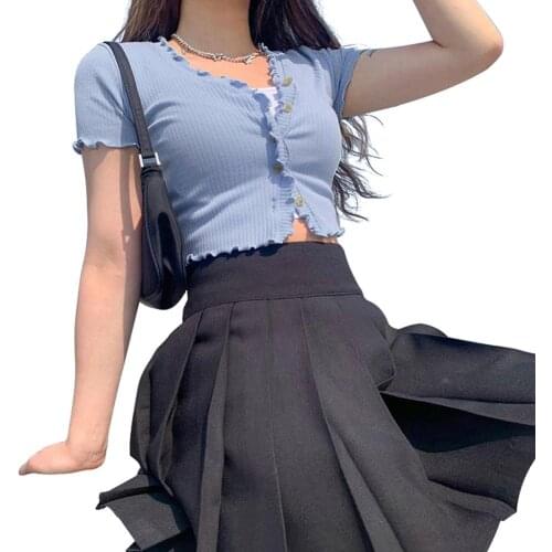 Sexy Women Solid Color Wavy Brim Short Sleeve V Neck Button up Crop Top Shirt