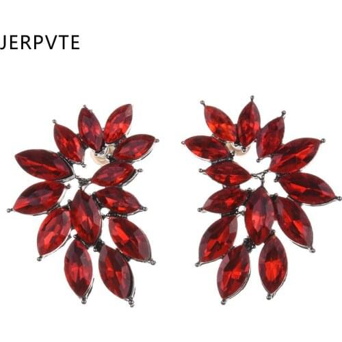 JERPVTE Boho Red & Green Gem Statement Earrings Jewelry Flower Big Brand Design Luxury Starburst Pendant Crystal Stud Earrings
