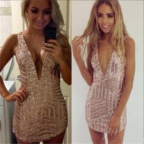 Sexy Cocktail Dresses Deep V Neck Sequins Sparkling Club Wear Party Gowns Zipper Back Cheap Bride Short/Mini Vestidos De Festa