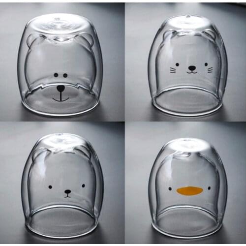 Glass Mugs Double Wall Glass mug, Bear cat dog animal Double-layer glass mug Coffee Cup, Christmas mug gift ,cute Tea Milk Cup