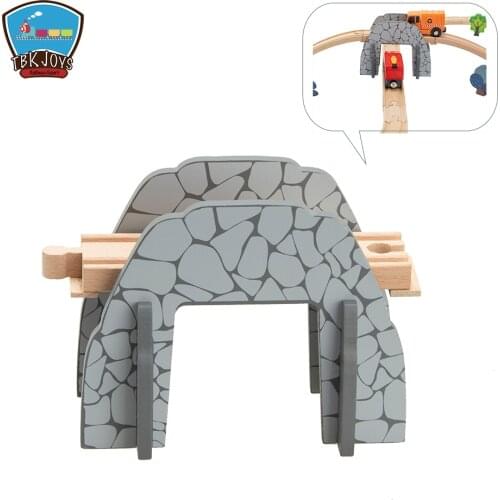 TBKJOYS Wooden Railroad Crossing Crane & Mountain Tunnel 5 Piece Toy Train Accessory for Kids Ages 3 and Up