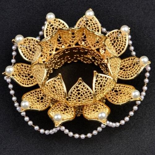 Vintage Lotus Crown Chinese Style Hollow Out Double Layer Alloy Female Banquet Party Beads Chain Decorative Tiaras Accessories