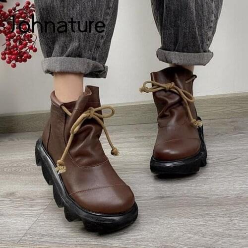 Johnature Ankle Boots Women Shoes Genuine Leather 2020 New Wnter Lace-up Round Toe Wedges Handmade Concise Casual Platform Boots