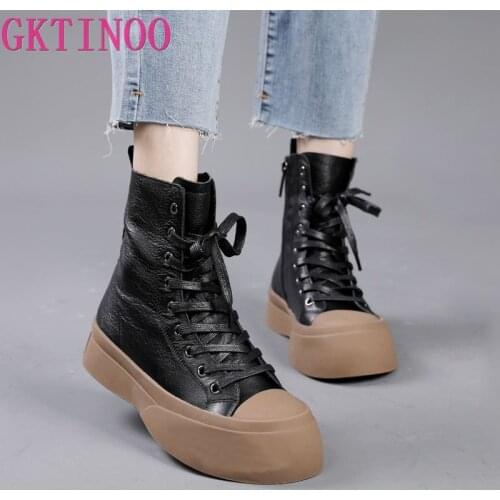 GKTINOO 2021 Vintage Style Genuine Leather Women Boots Flat Booties Soft Cowhide Womens Shoes Ankle Boots zapatos mujer