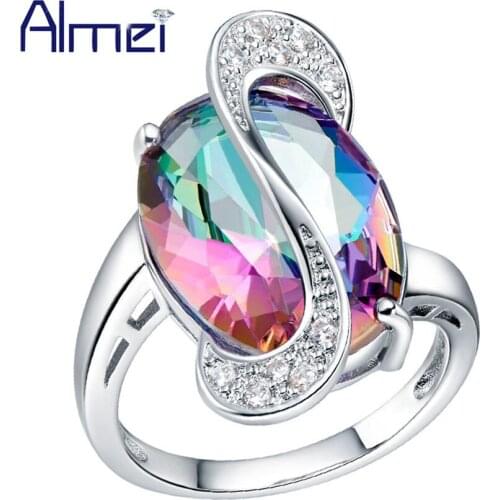 Almei Red Rainbow Crystal Big Stone Oval Ring Silver Color Jewelry for Woman Female Wedding Rings Party Gfits Nuevos Anillo J195