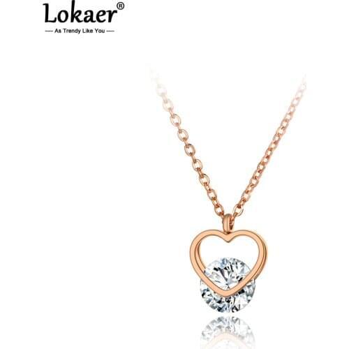 Lokaer Simple Titanium Steel Rose Gold CZ Crystal Pendant Necklaces Double Love Heart Choker Necklace For Women Gift N20056