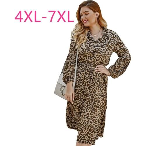 2021 new spring autumn plus size long dress for women large long sleeve slim casual leopard V neck dresses belt 4XL 5XL 6XL 7XL