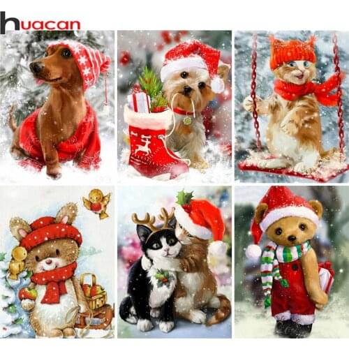 Huacan Diamond Art Painting Christmas Dog Cat Room Decor Diamond Embroidery Cross Stitch Animals Mosaic Wall Sticker