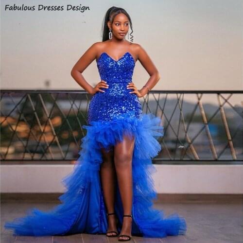 Shining Sequined High Low Prom Dresses Royal Blue Strapless V-neck Mermaid Dress Women Party Night Vestidos largos de fiesta