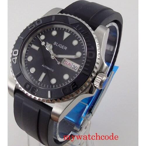 Bliger Stainless Steel Date Week NH36 Automatic Mens Watch Sapphire Glass Rotating Bezel Ceramic Insert Rubber Band