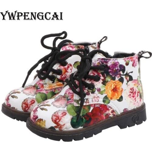 YWPENGCAI Spring Autumn Girls Boots Flower Pattern Kids Boots For Girl Patent Leather Non-slip Toddler Girl Boots Size 21-30