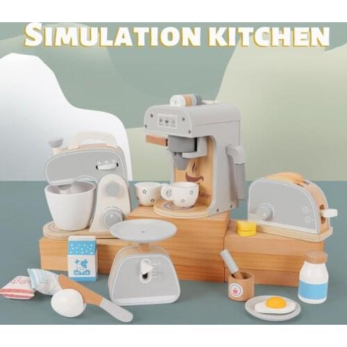 Montessori Wooden Kitchen Pretend Toy Wooden Simulation Toy Coffee Machine Toaster Mixer Baby Food Early Educational Toys