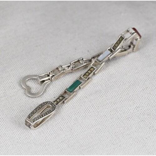 FNJ 925 Silver Bracelet for Women Jewelry 16cm MARCASITE Chain Original S925 Sterling silver Bracelets Heart Charm Green Agate