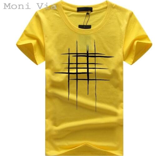 New Men Tshirt Summer Casual Yellow White Cotton T-Shirt Abstract Pattern Print Slim Fit Short Sleeve O-neck For Male Mens Tees