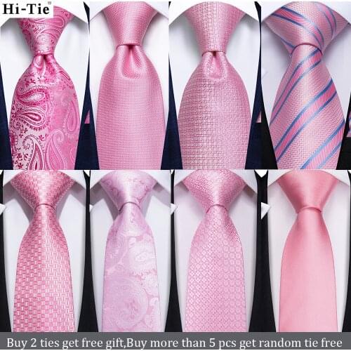Hi-Tie Peach Pink Solid Paisley Silk Wedding Tie For Men Fashion Design Quality Hanky Cufflink Gift Necktie Set Business Party