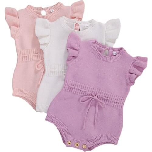 0-24M Baby Girl Clothing Off Shoulder Solid Knitting Romper Jumpsuit outfit