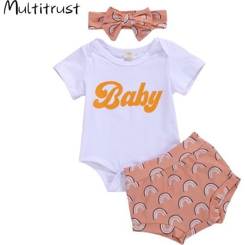 Newborn Baby Girl Outfits Set Summer Short Sleeve Infant Romper Raninbow Print Shorts Headband Suit