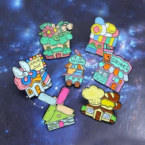 Cute House Shop Brooches Drinks Hair Cut Ice cream Flowers Shop Rainbow Windmill Sailboat Enamel Pin Lapel Badge Jewelry Gift