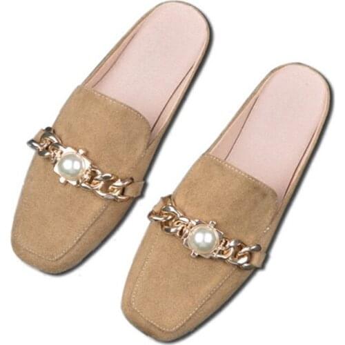 Womens Summer Vintage Toe-covered Slippers Fashion Ladies Chain Pearl Mules Shoes Lazy Square Head Low Slides Large Size 31-43